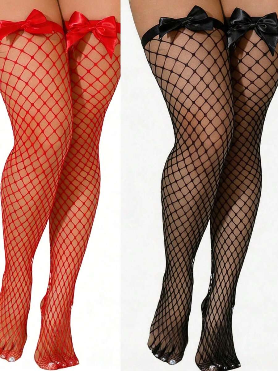 Fishnet Stocking Women - 리본 장식 피쉬넷 허벅지 스타킹, 탄력