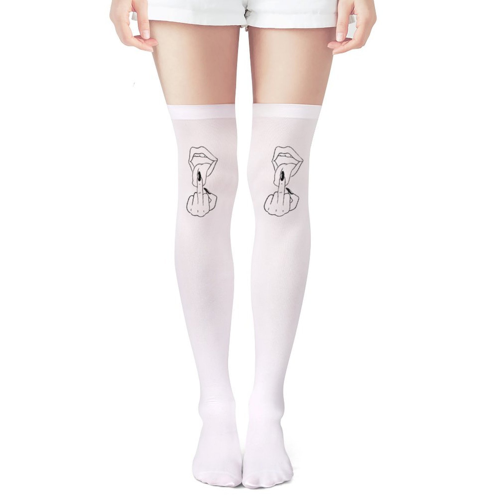 여성용 흰색 가운데 손가락 모양, 빨간 입술 프린트 허 - Knee High Sock Women 리뷰 및 가격