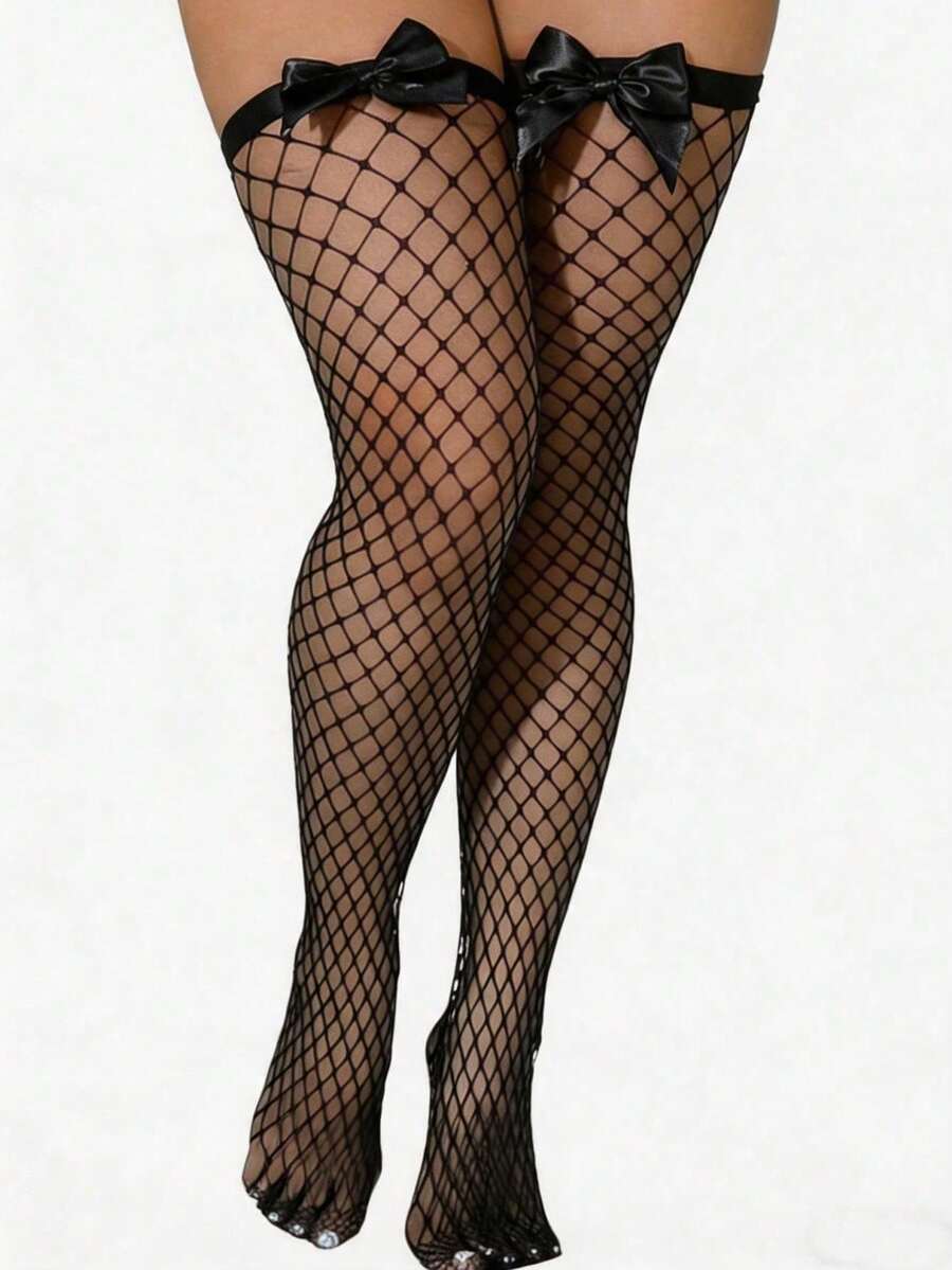 리본 장식 피쉬넷 허벅지 스타킹, 탄력 있는 속이 비치 - Fishnet Stocking Women 리뷰 및 가격